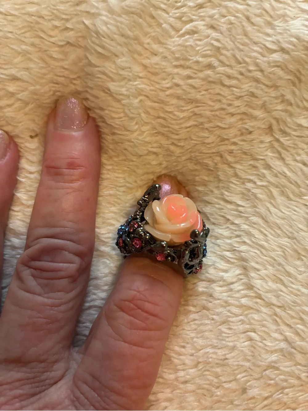 Pink Resin Rose Cocktail Ring with Crystal Accents